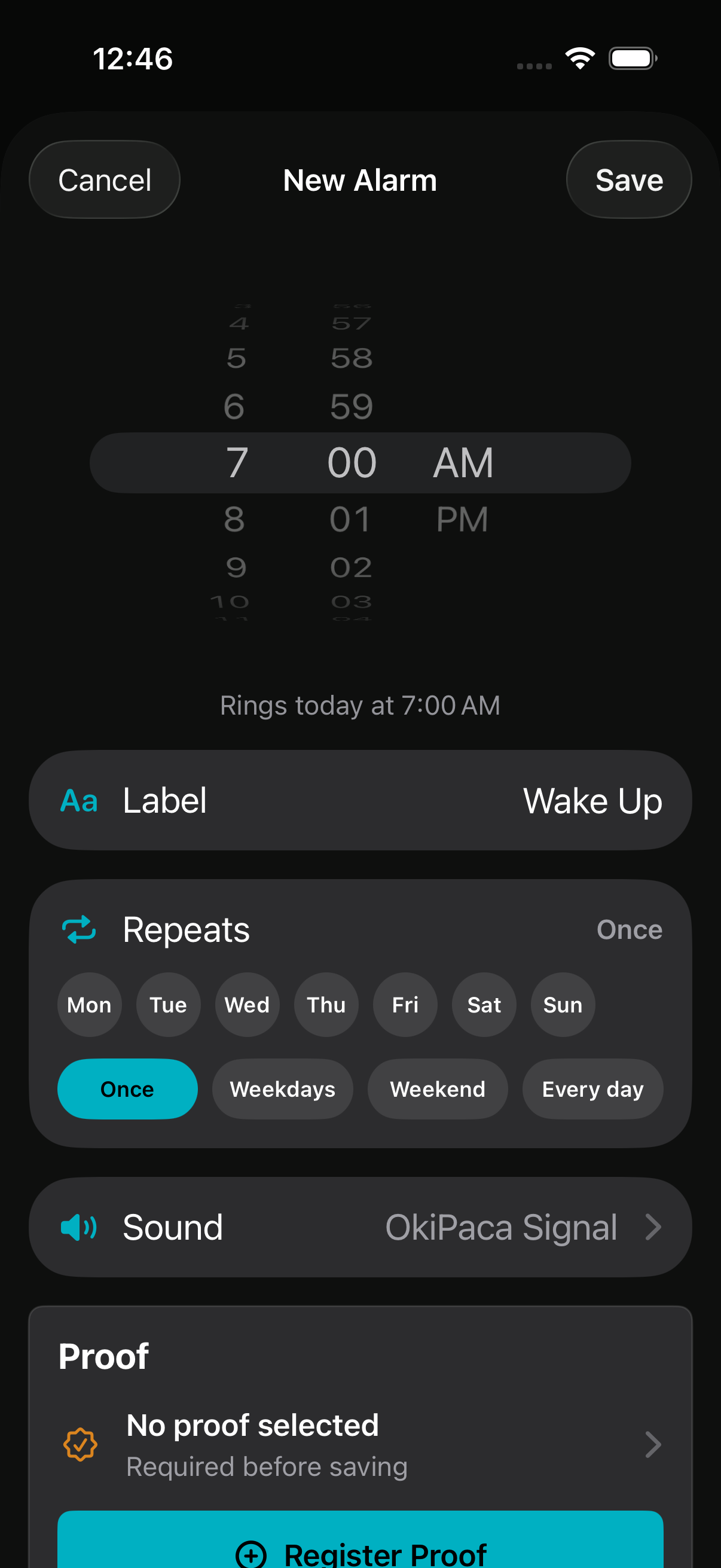 OkiPaca alarm editor with time, repeat, sound, and proof settings