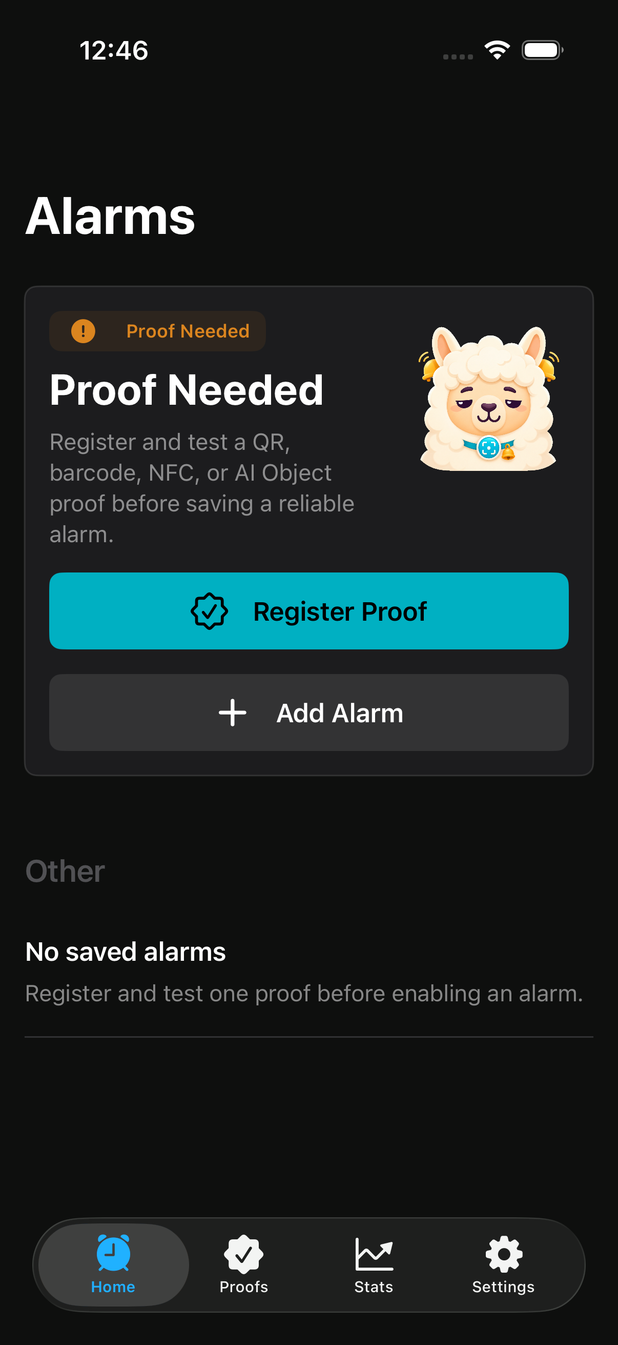 OkiPaca Home screen requiring a tested proof before saving alarms